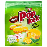 A green bag of Eti - Pop Kek With Lemon Mini Cakes (144g), featuring eight individually wrapped lemon mini cakes and a sliced lemon image on the front.